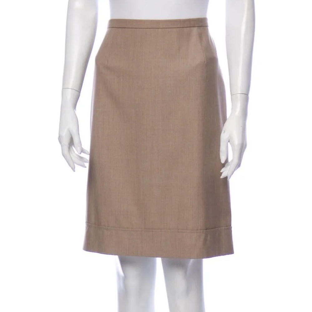 Max Mara Virgin Wool knee length Skirt beige neutral roll cuffs Made in Italy